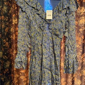 Free People Blue and Yellow Long Sleeve Dress
